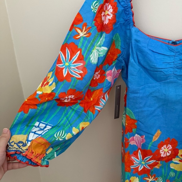 Farm Rio x Anthropologie Blue Floral Linen Blend Long Sleeve Mini Dress - Picture 7 of 14